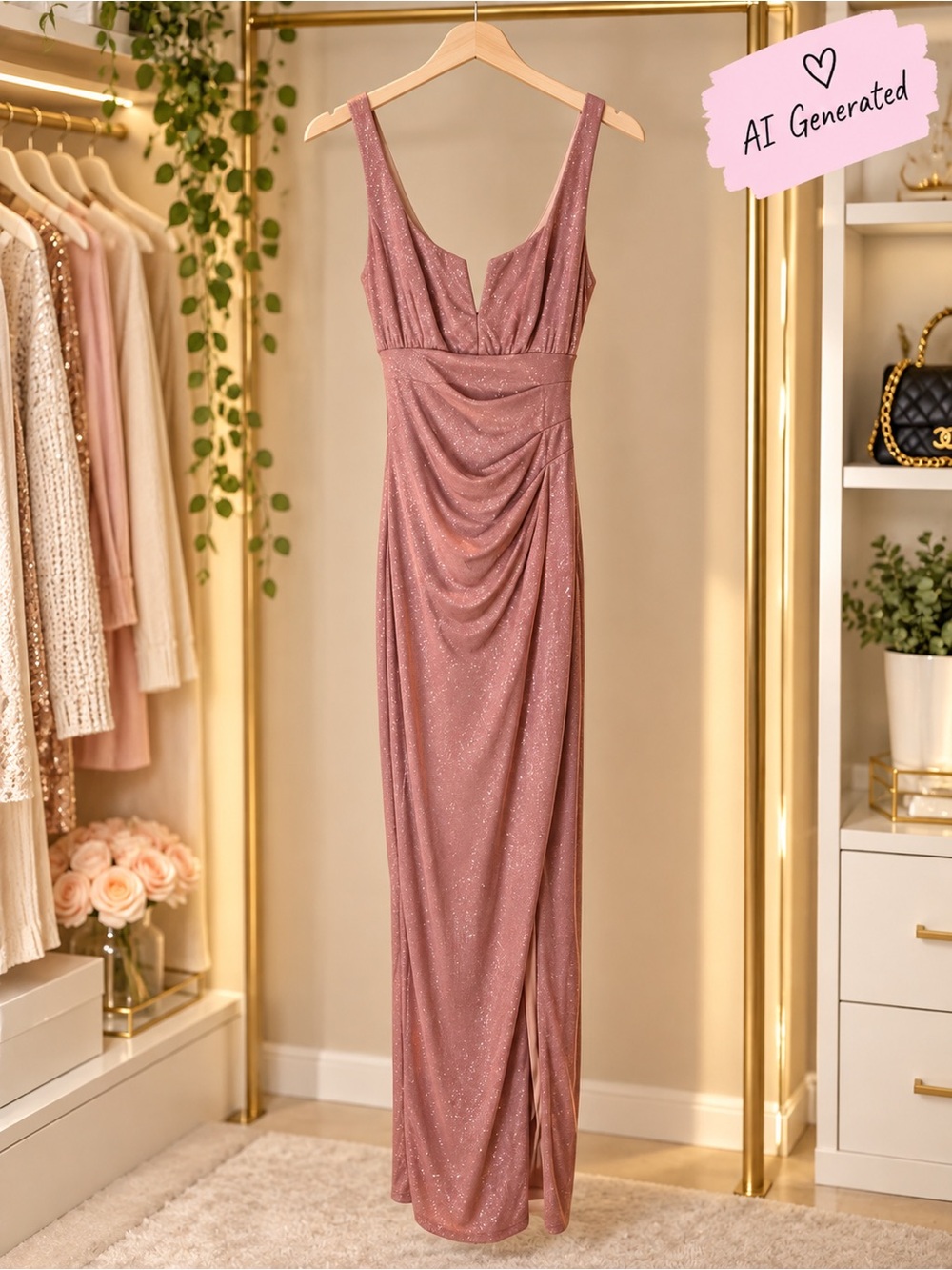 Le Château Pink Sparkle Ruched Maxi Dress | V-Neck | P/S
